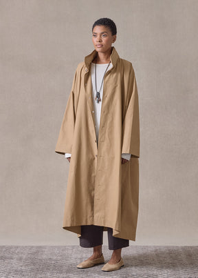 cotton mix smaller front larger back high neck raincoat with button away hood - full length (camel)