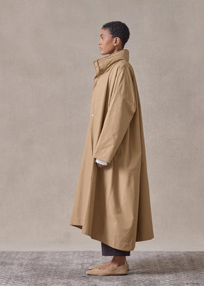cotton mix smaller front larger back high neck raincoat with button away hood - full length (camel)