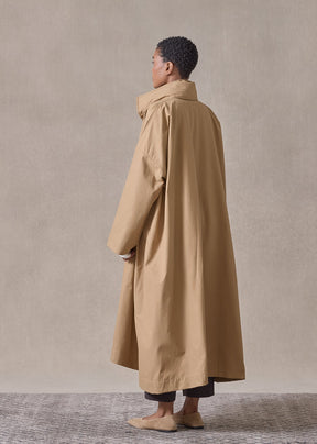 cotton mix smaller front larger back high neck raincoat with button away hood - full length (camel)