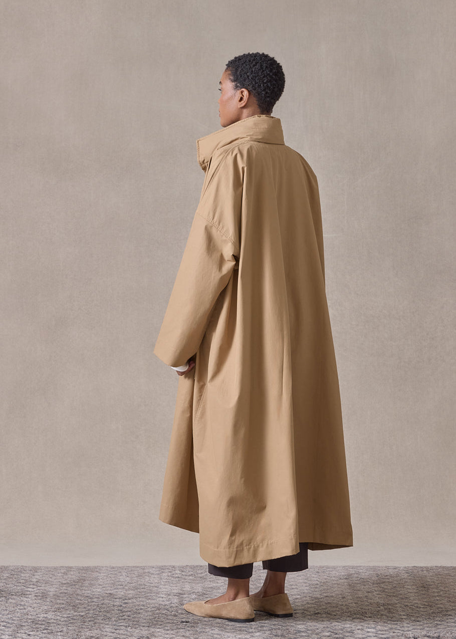 cotton mix smaller front larger back high neck raincoat with button away hood - full length (camel)
