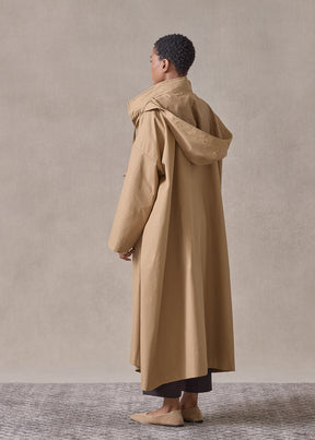 cotton mix smaller front larger back high neck raincoat with button away hood - full length (camel)