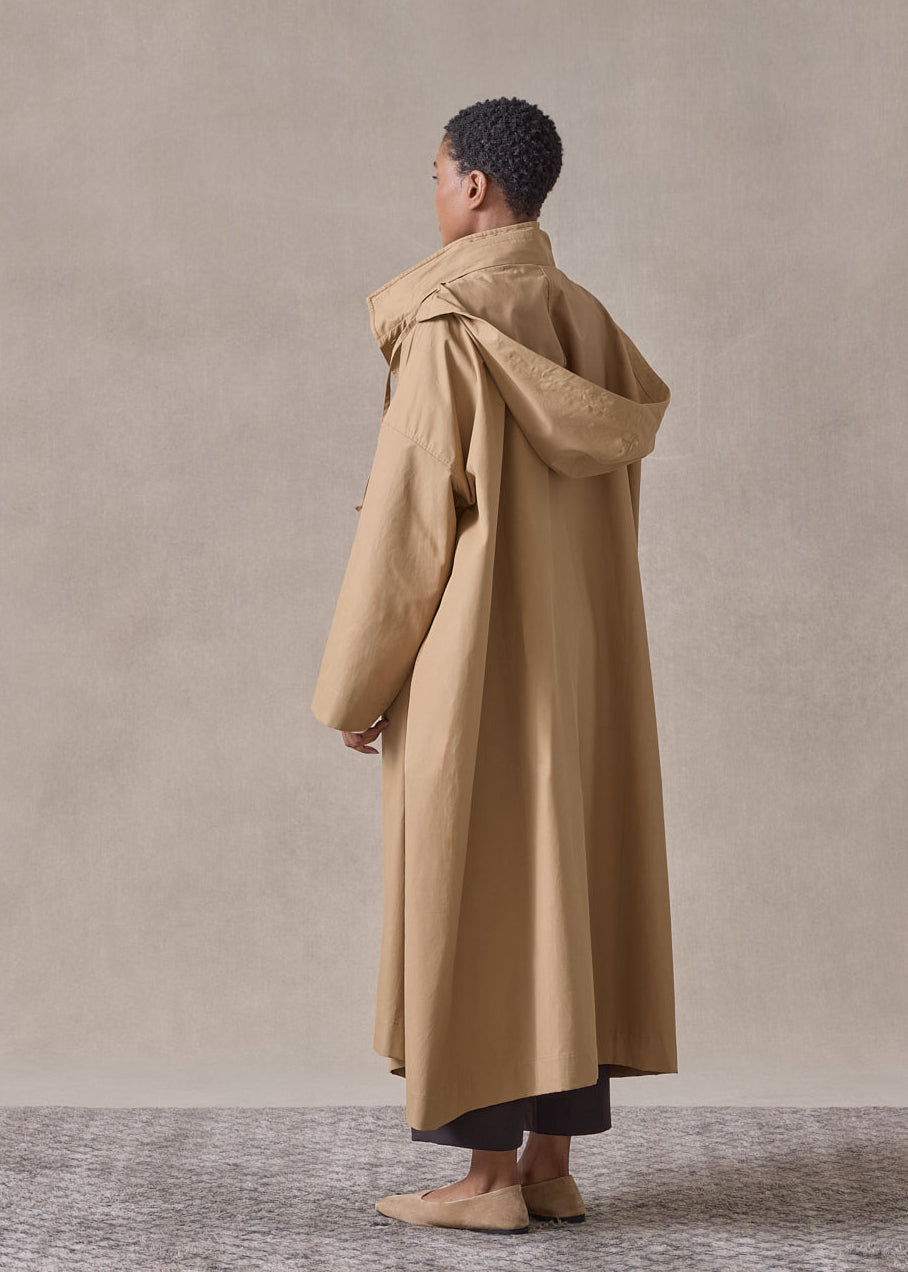 cotton mix smaller front larger back high neck raincoat with button away hood - full length (camel)