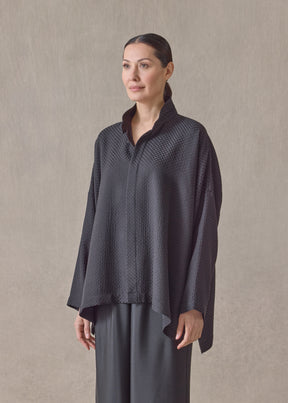 silk wide longer back double stand collar shirt-mid plus (black)
