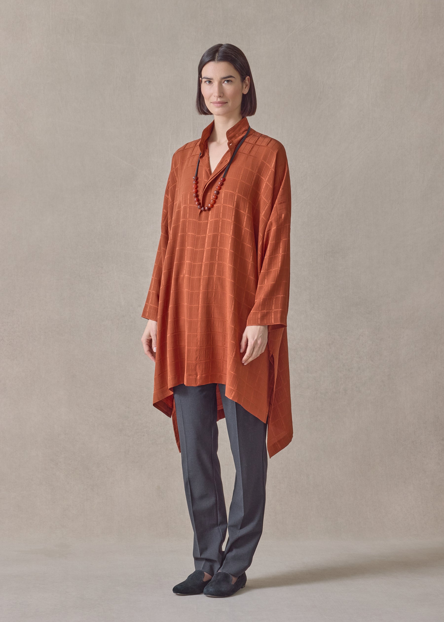 silk wide longer back double stand collar shirt-very long with slits (rust)