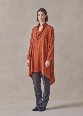 silk wide longer back double stand collar shirt-very long with slits (rust)