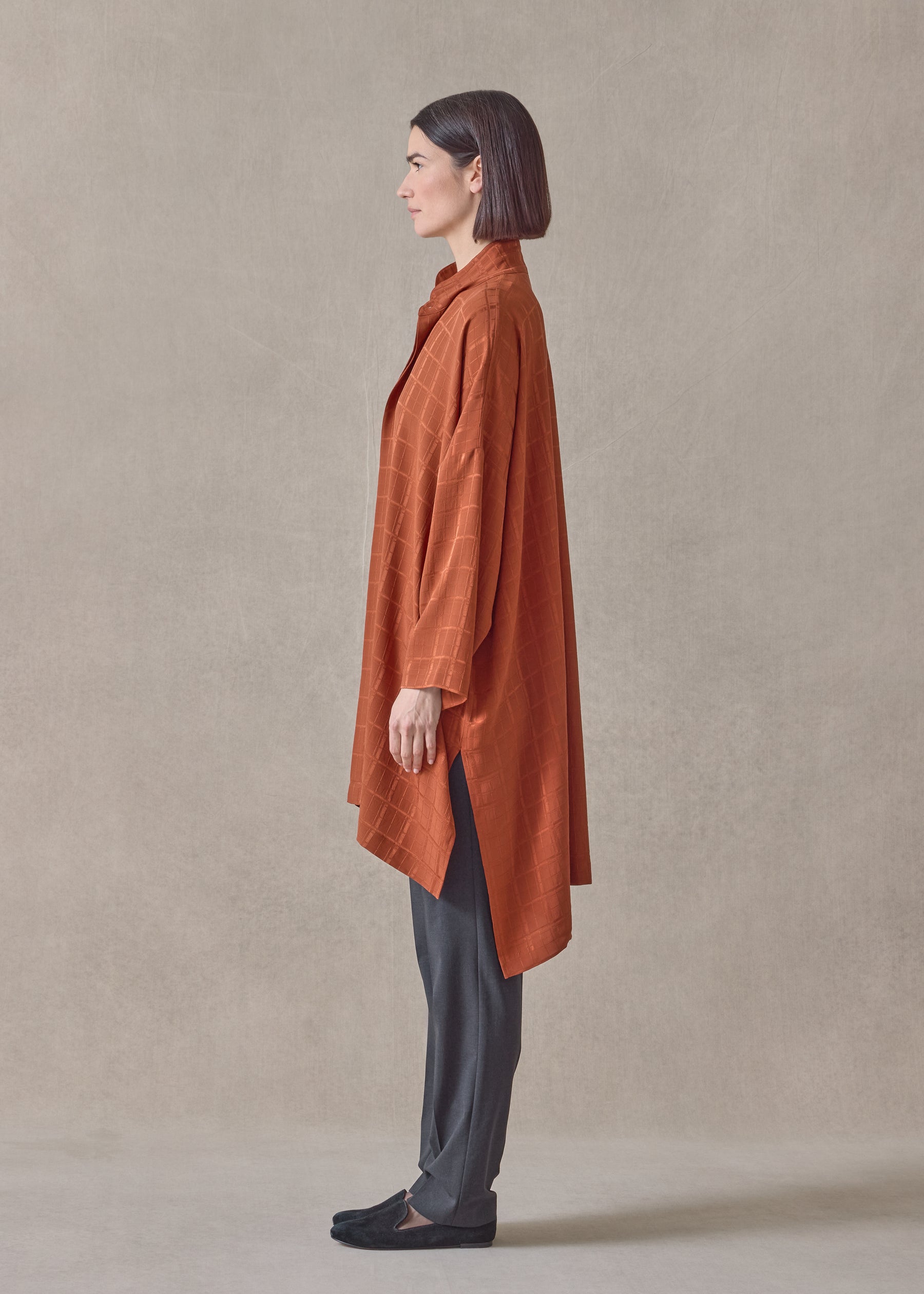 silk wide longer back double stand collar shirt-very long with slits (rust)