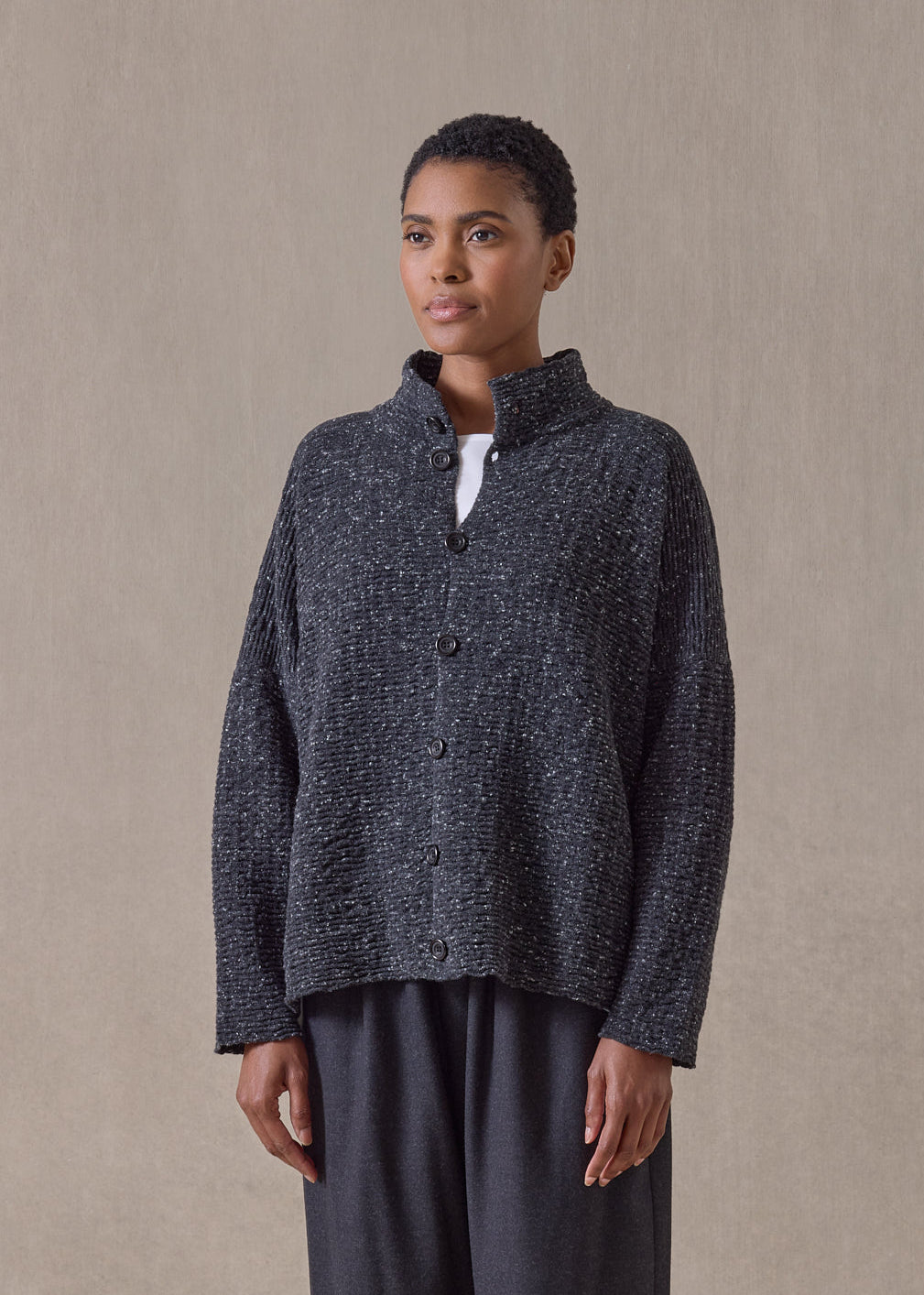 cashmere tweed 3/4 width high neck cardigan - mid (charcoal)