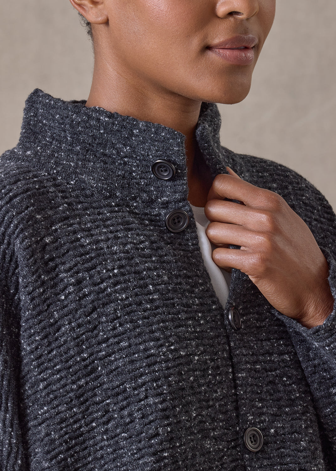 cashmere tweed 3/4 width high neck cardigan - mid (charcoal)