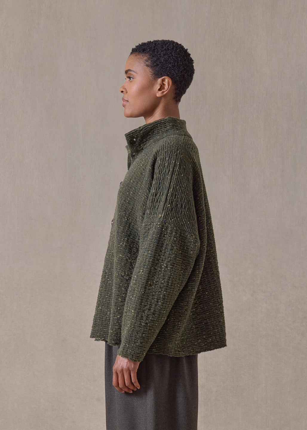 cashmere 3/4 width high neck cardigan - mid (loden)