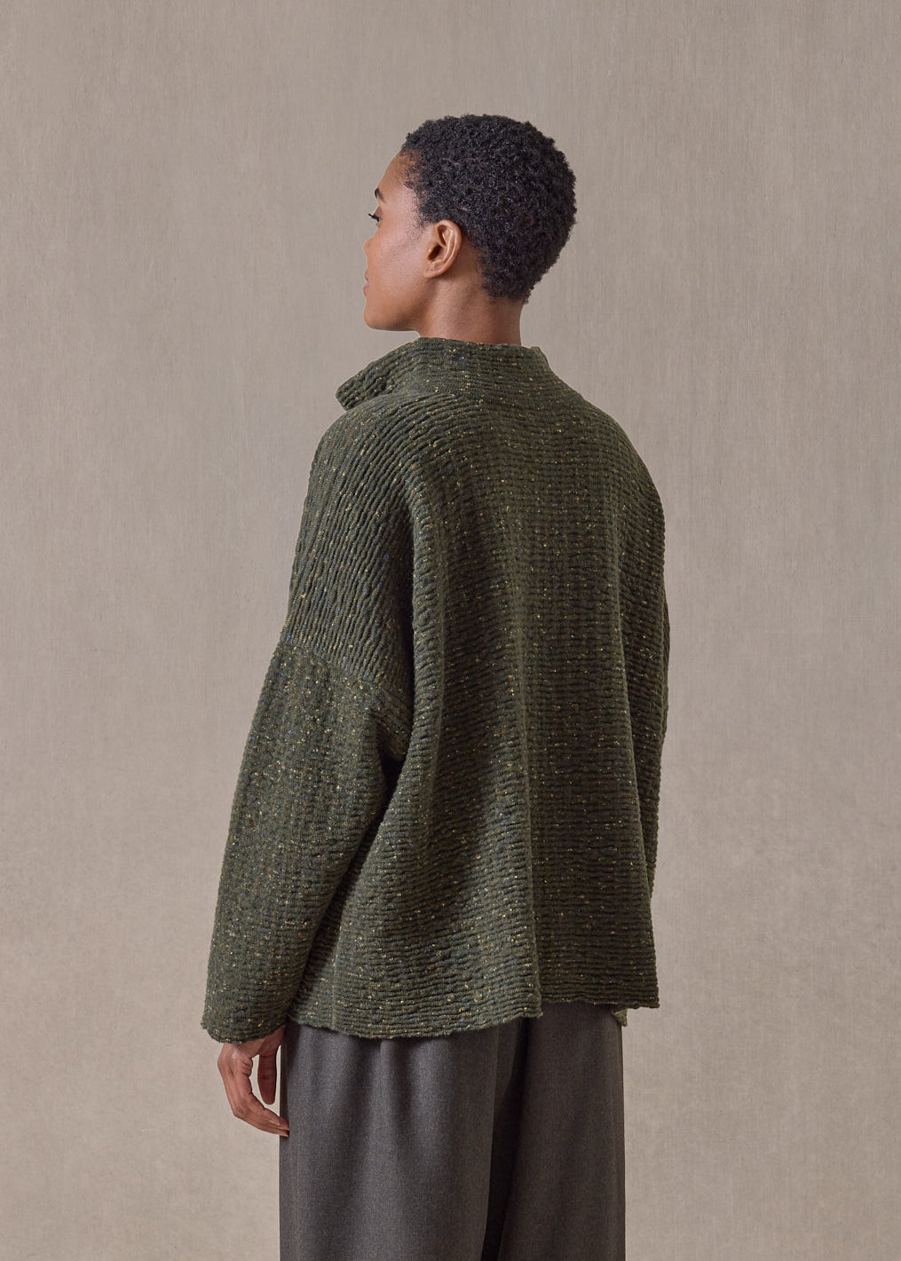 cashmere 3/4 width high neck cardigan - mid (loden)