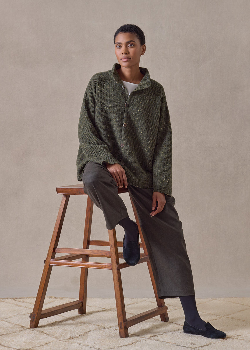 cashmere 3/4 width high neck cardigan - mid (loden)