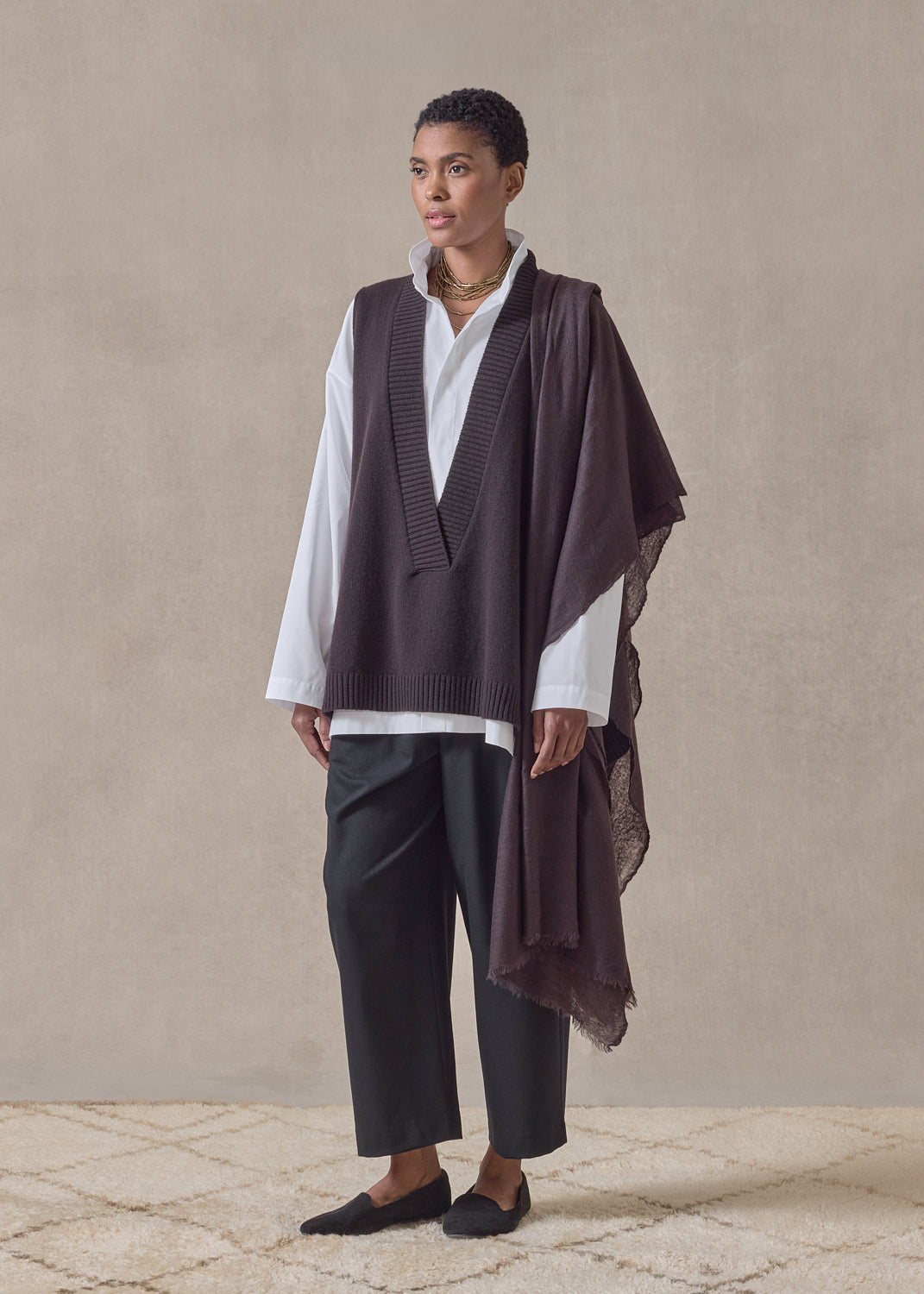 cashmere a-line sleeveless deep v-neck - mid plus (cocoa)