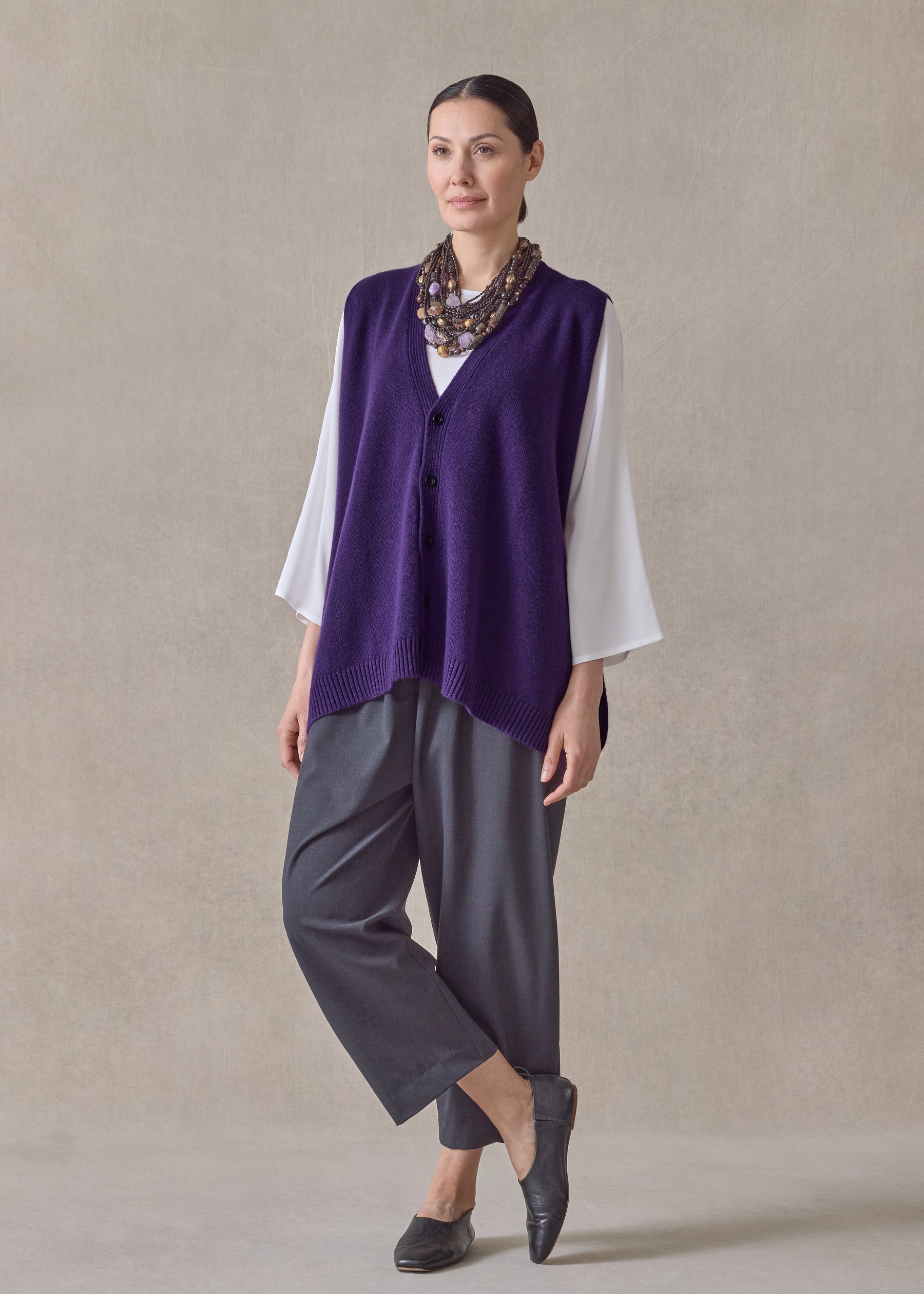cashmere a-line sleeveless v neck cardigan - mid plus (tincture)