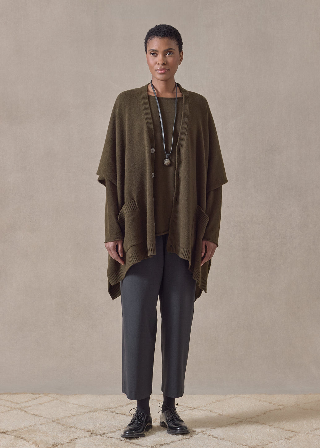 cashmere extra wide longer back sleeveless cardigan tabard - long (lodenbronze)
