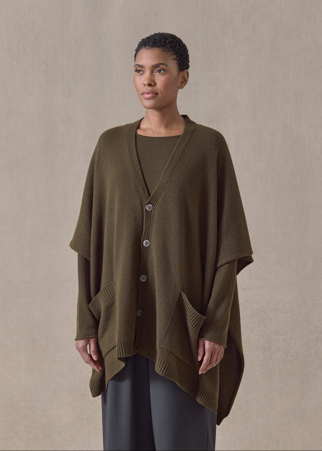 cashmere extra wide longer back sleeveless cardigan tabard - long (lodenbronze)