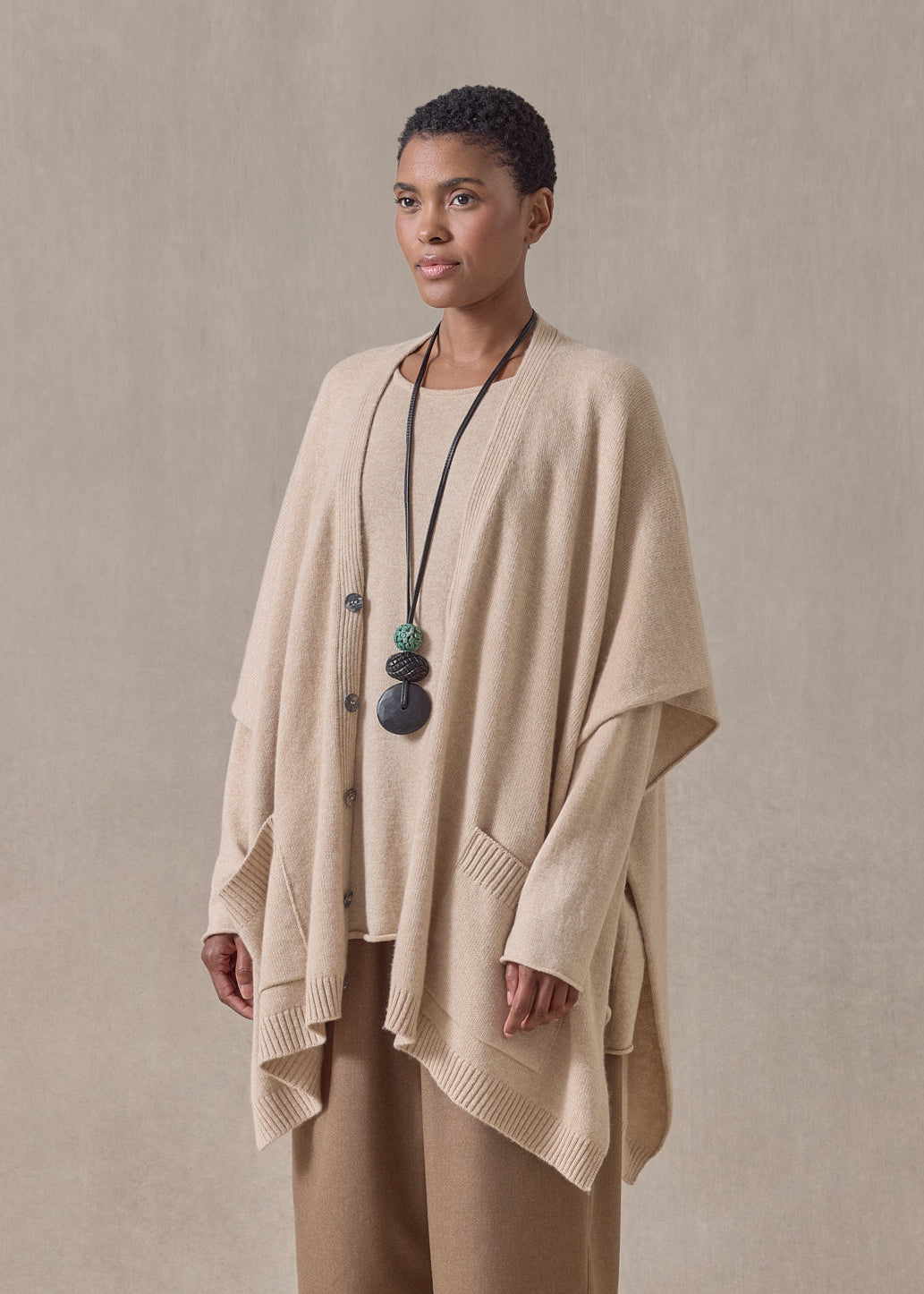 cashmere extra wide longer back sleeveless cardigan tabard - long (sandstone)