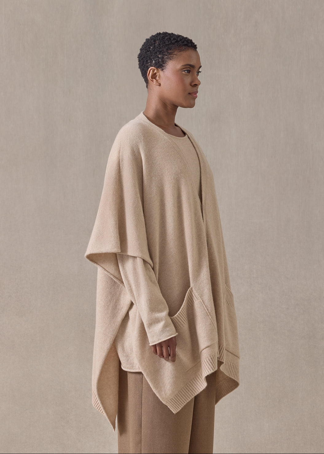 cashmere extra wide longer back sleeveless cardigan tabard - long (sandstone)