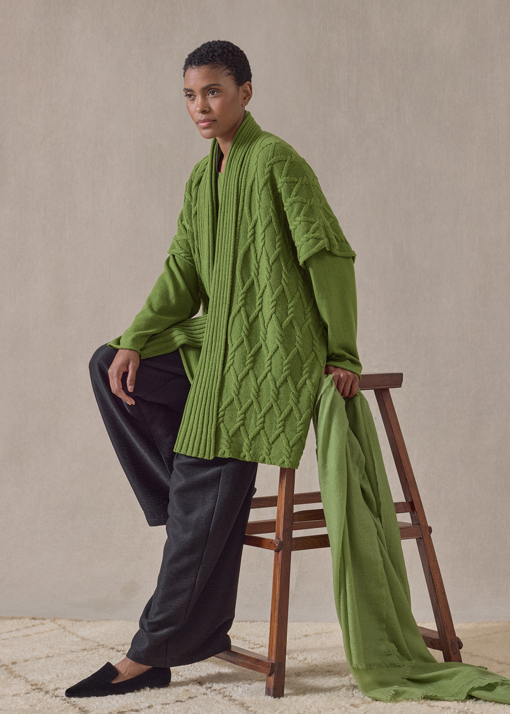 cashmere sleeveless shawl collar cardigan - long (limedark)