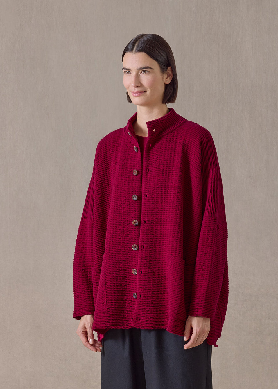 cashmere high neck button cardigan - long (magenta)