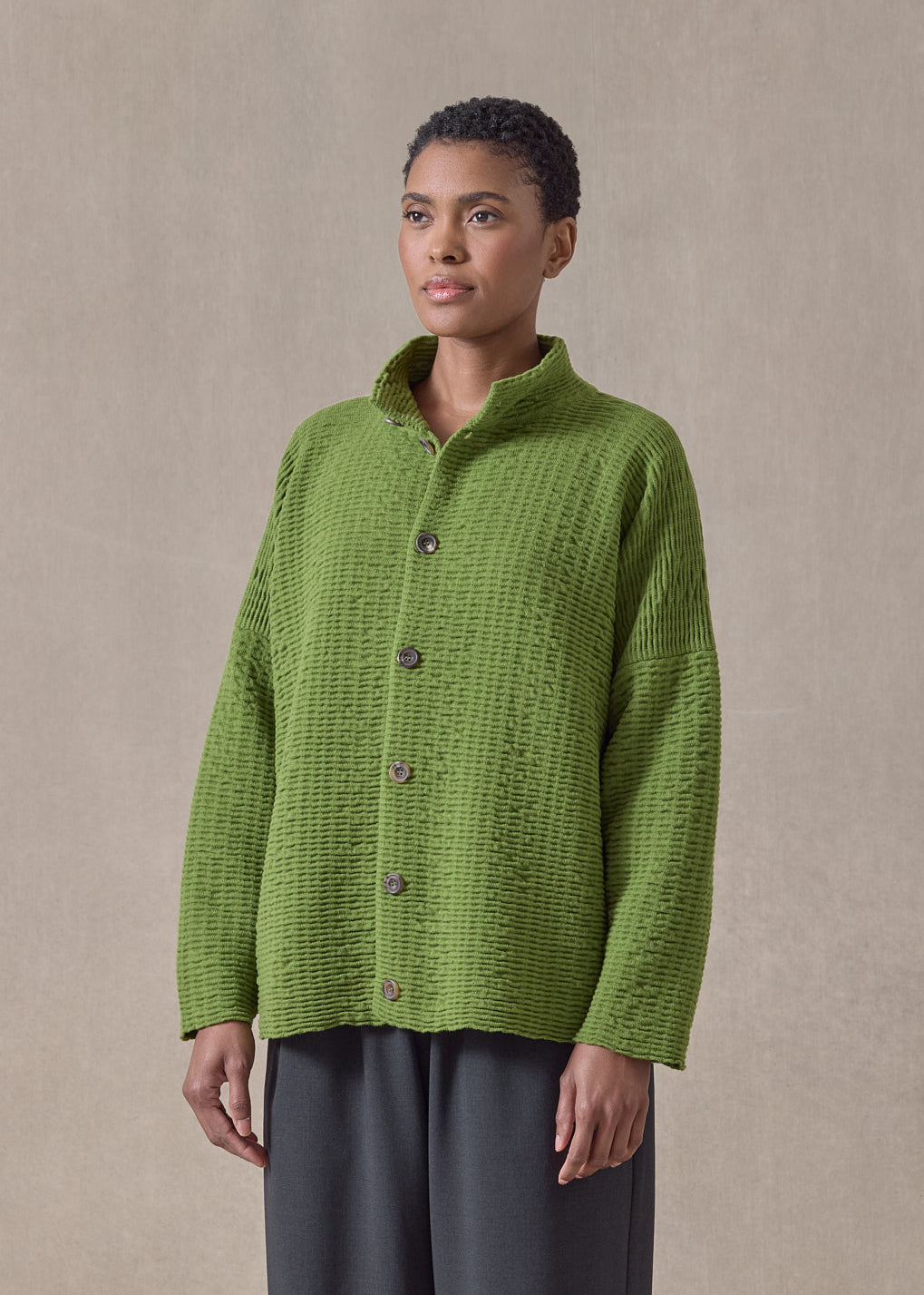 cashmere 3/4 width high neck cardigan - mid (limedark)