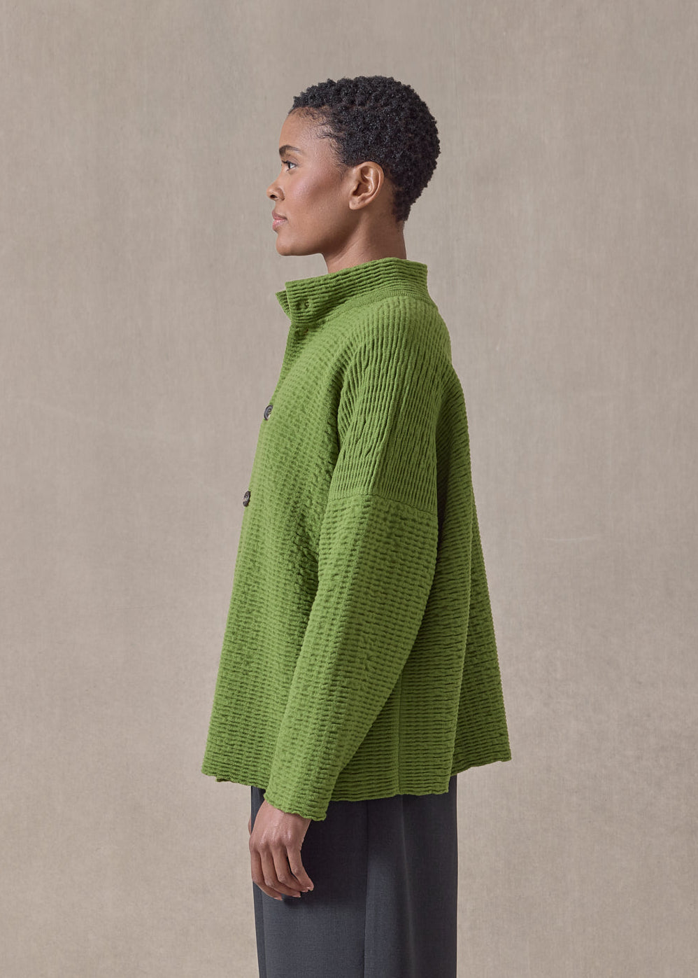 cashmere 3/4 width high neck cardigan - mid (limedark)