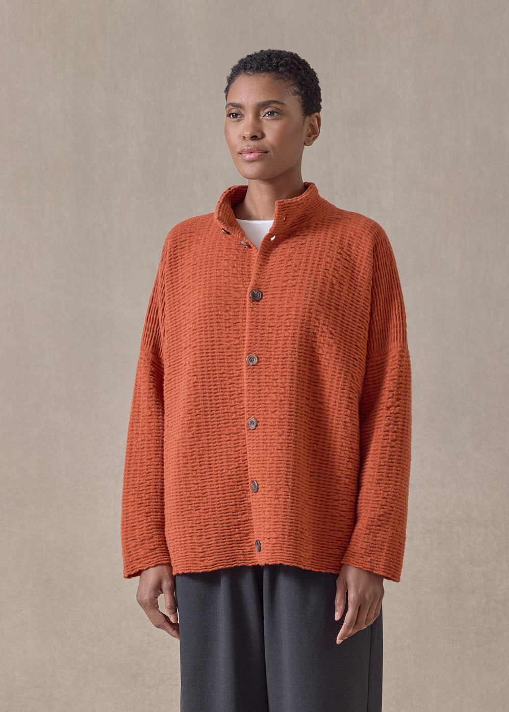 cashmere 3/4 width high neck cardigan - mid (rustdark)