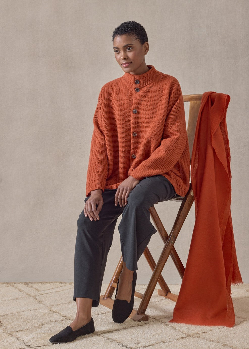 cashmere 3/4 width high neck cardigan - mid (rustdark)