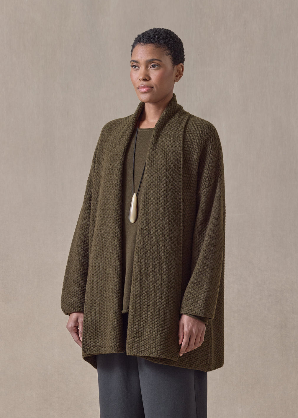 cashmere a-line scrunch shawl collar cardigan - long (lodenbronze)