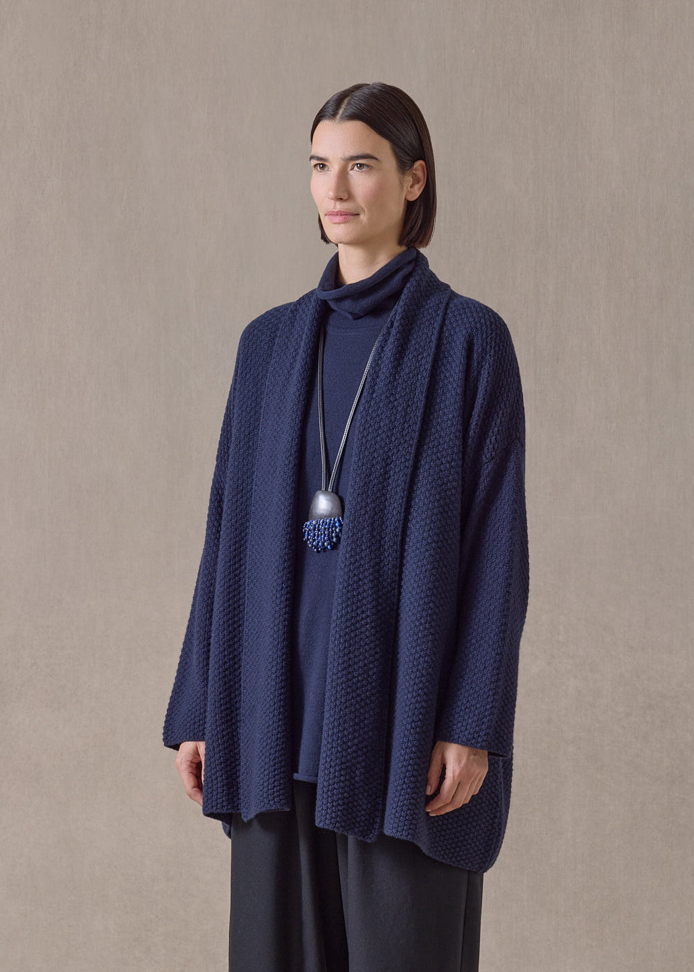 cashmere a-line scrunch shawl collar cardigan - long (navydark)