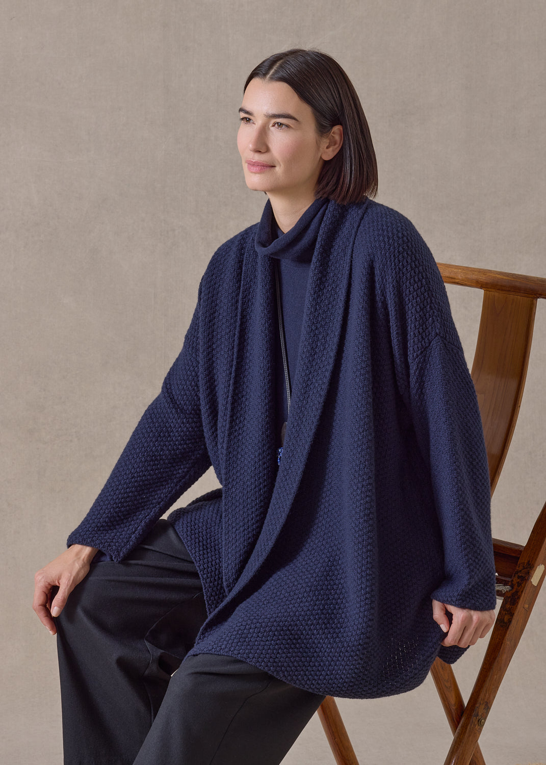 cashmere a-line scrunch shawl collar cardigan - long (navydark)