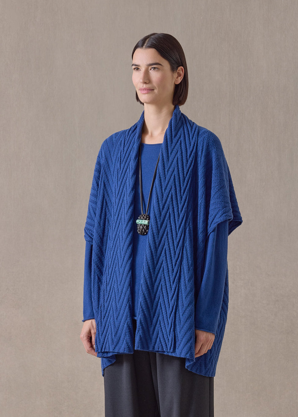 cashmere wide sleeveless scrunch shawl collar cardigan - long plus (deepblue)