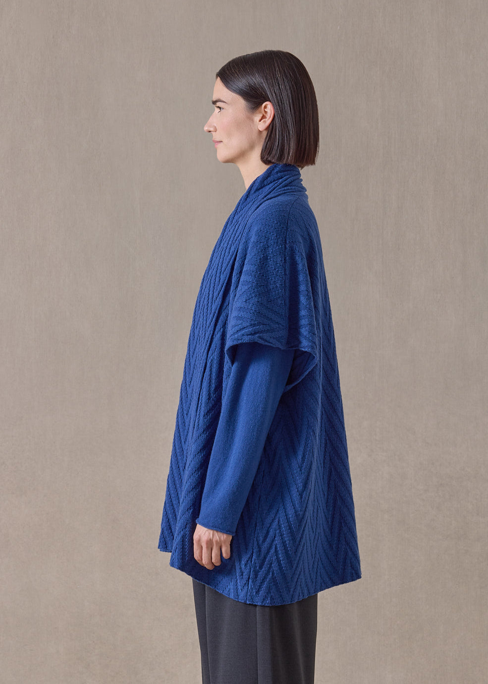 cashmere wide sleeveless scrunch shawl collar cardigan - long plus (deepblue)