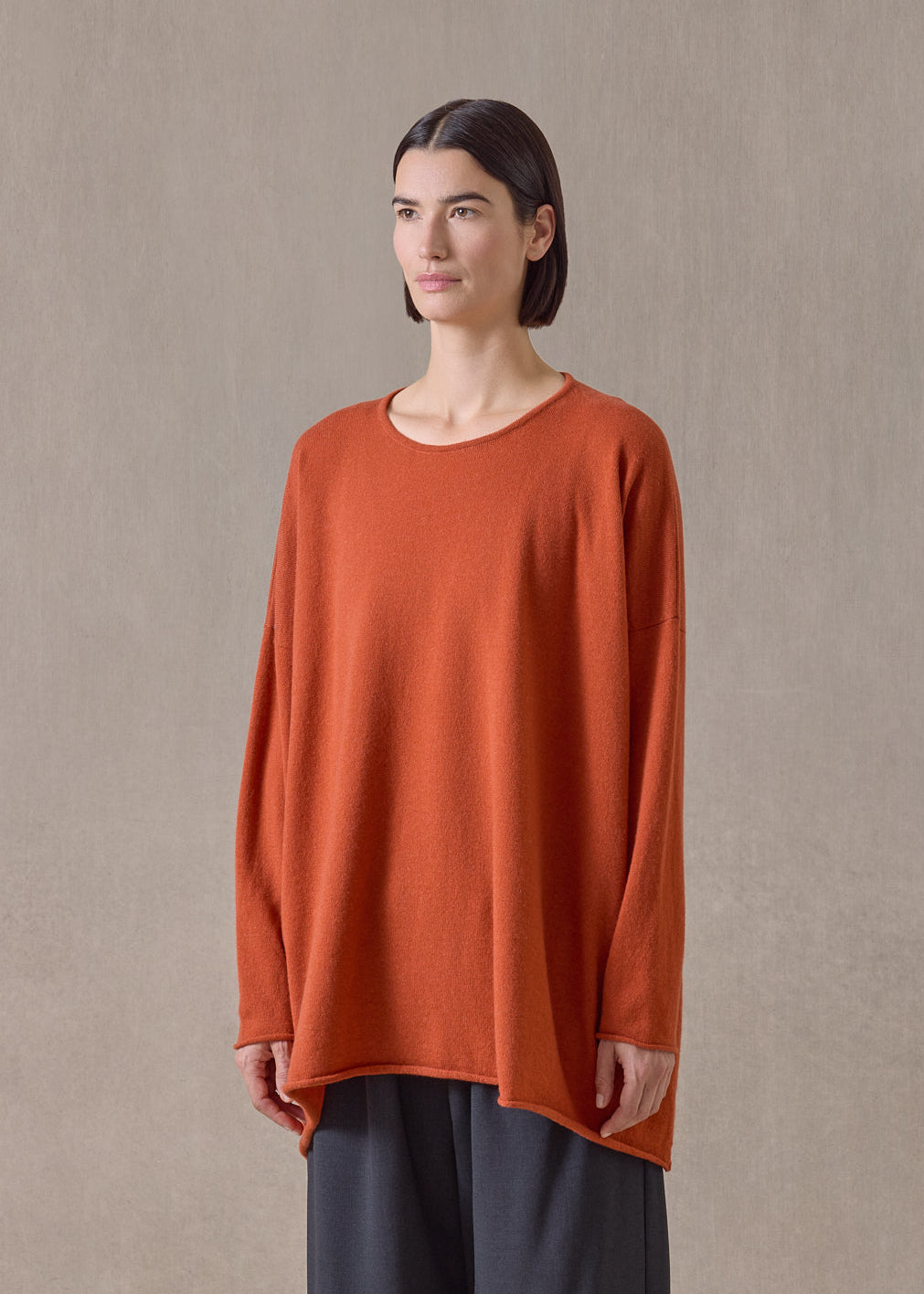 cashmere a-line bateau neck sweater - long (rust)