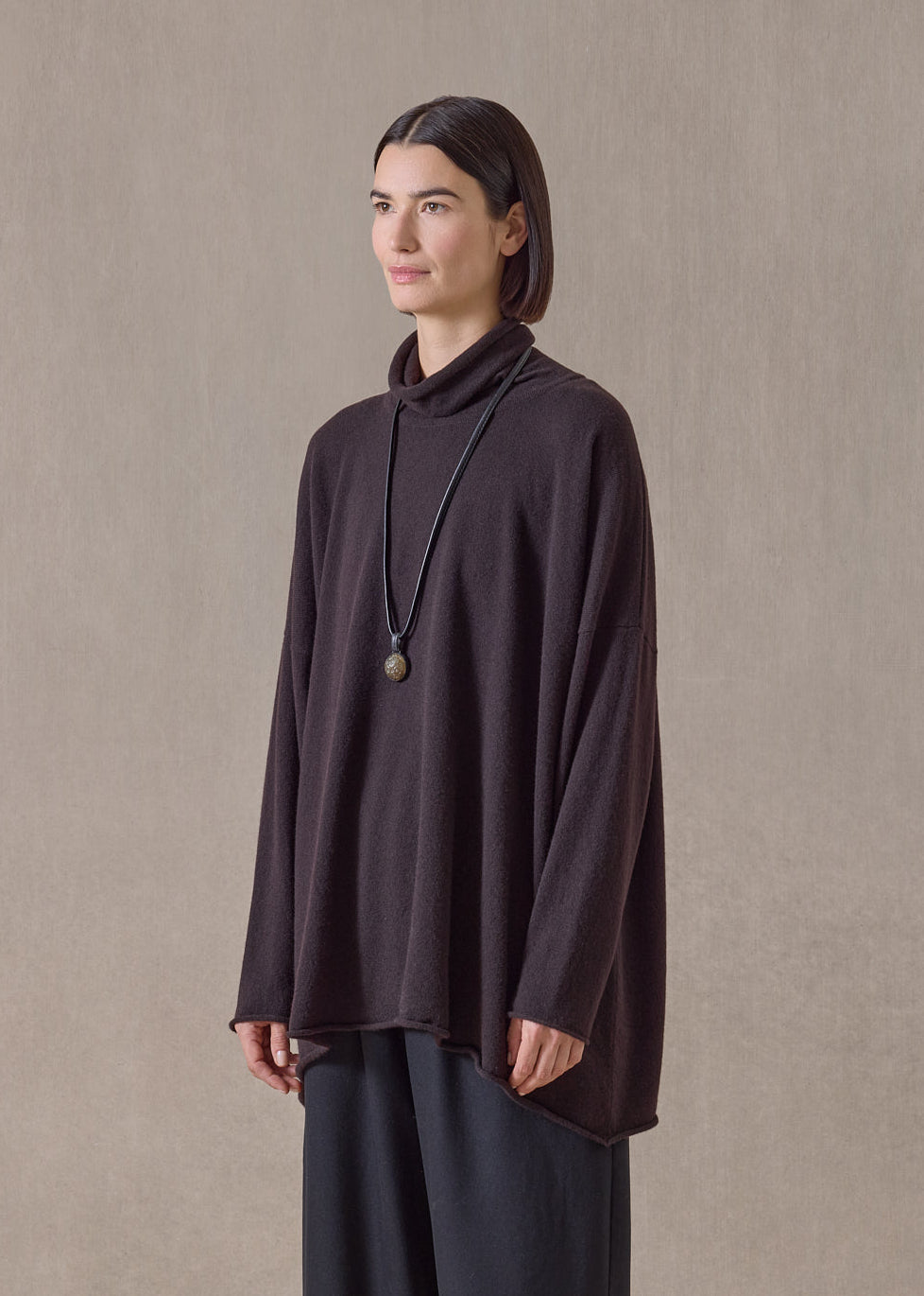 cashmere a-line scrunch neck neck sweater - long (cocoa)