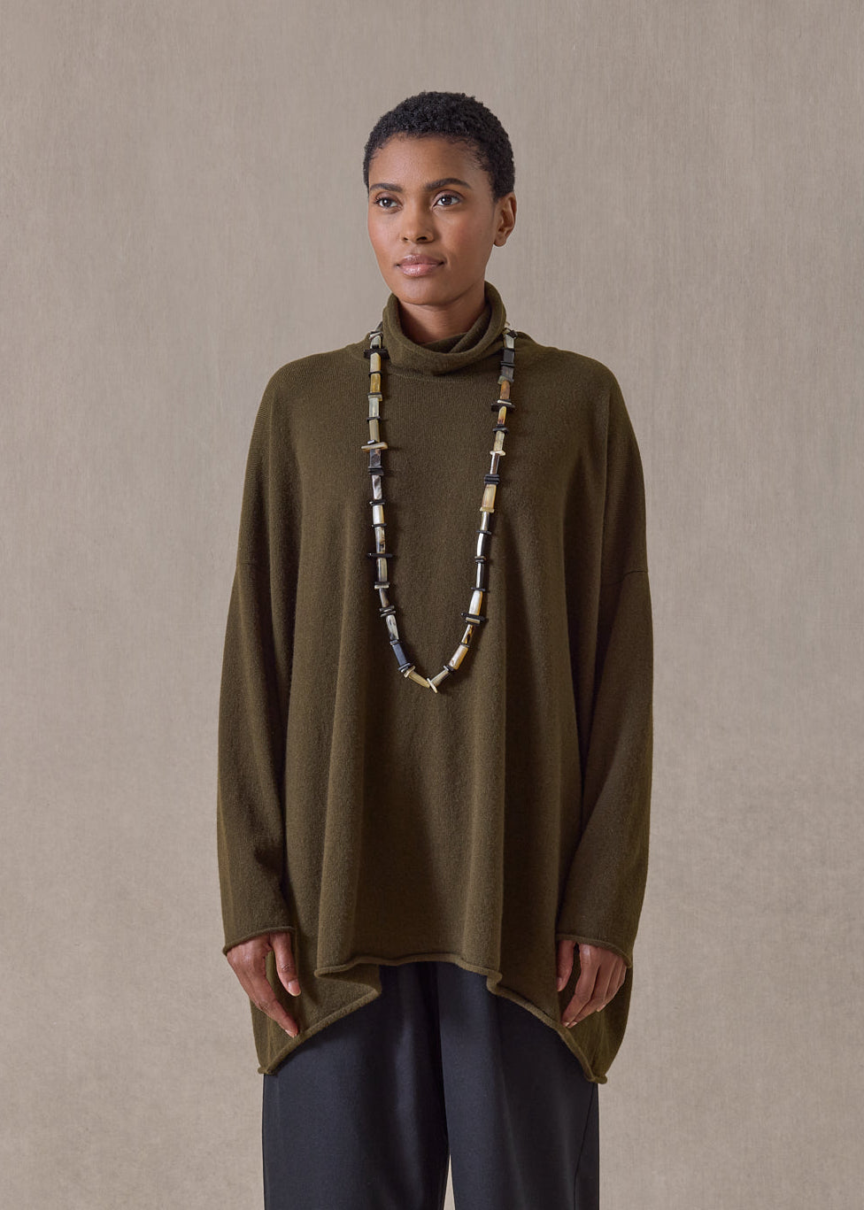 cashmere a-line scrunch neck neck sweater - long (lodenbronze)