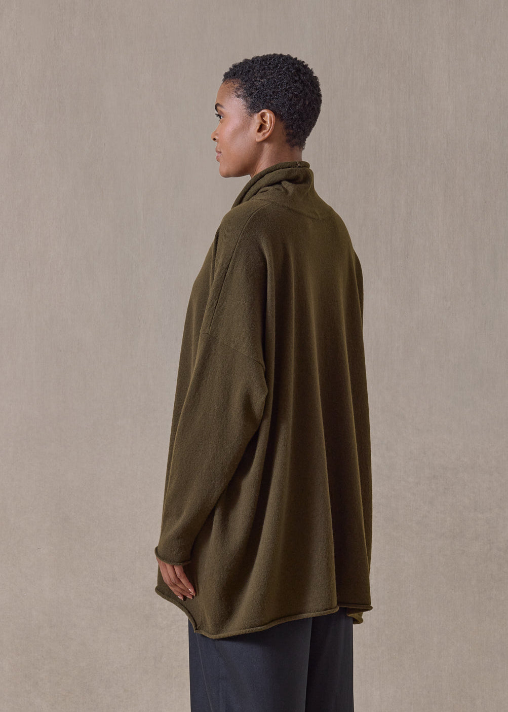 cashmere a-line scrunch neck neck sweater - long (lodenbronze)