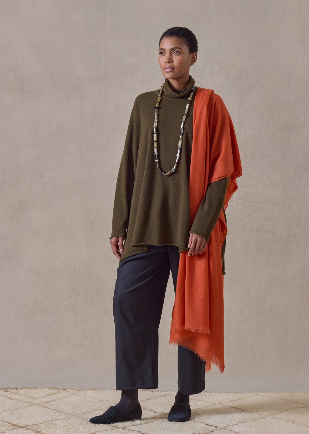cashmere a-line scrunch neck neck sweater - long (lodenbronze)