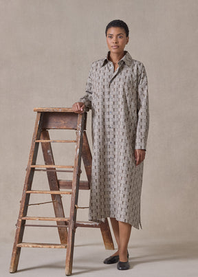 printed cotton wide a-line shirt dress with collar (olive)