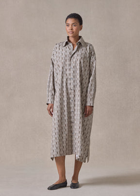 printed cotton wide a-line shirt dress with collar (olive)
