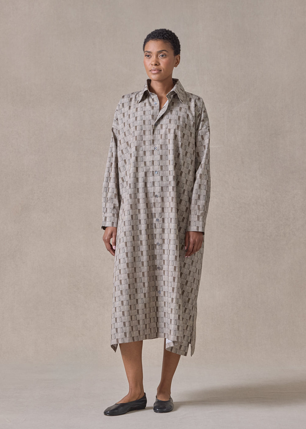 printed cotton wide a-line shirt dress with collar (olive)