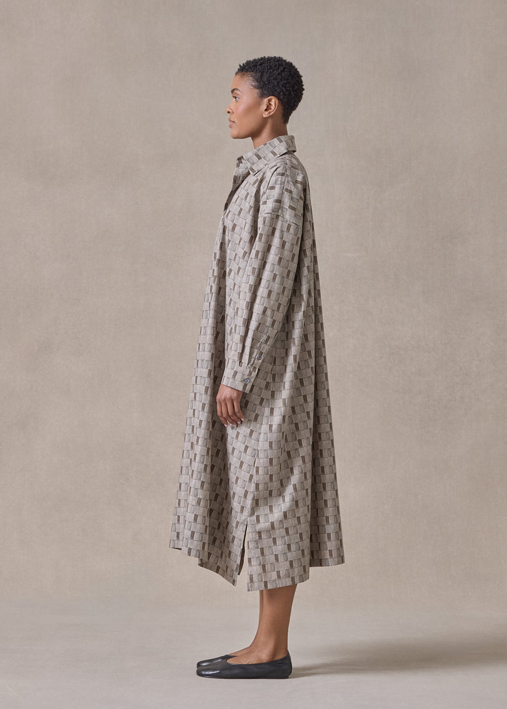 printed cotton wide a-line shirt dress with collar (olive)