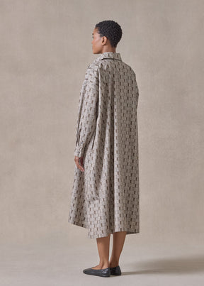 printed cotton wide a-line shirt dress with collar (olive)
