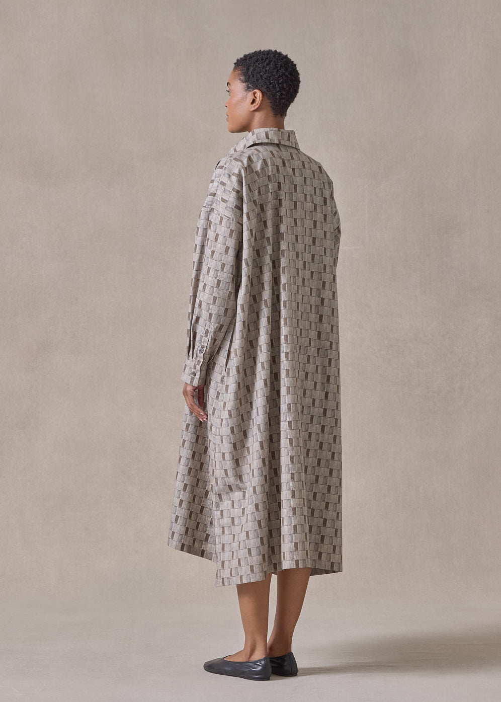 printed cotton wide a-line shirt dress with collar (olive)