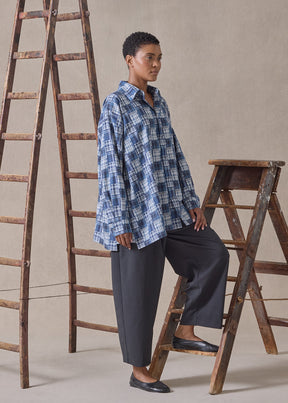 cotton slim a-line shirt with collar and stepped insert-long (jean)