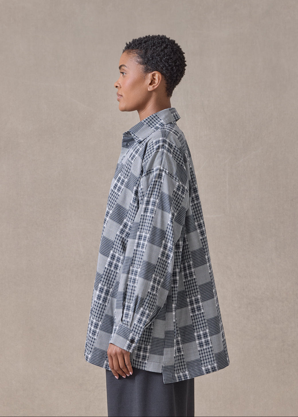 cotton slim a-line shirt with collar and stepped insert - long (navydark)