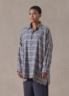brushed cotton wide a-line shirt jacket with collar - long (grey/camel)
