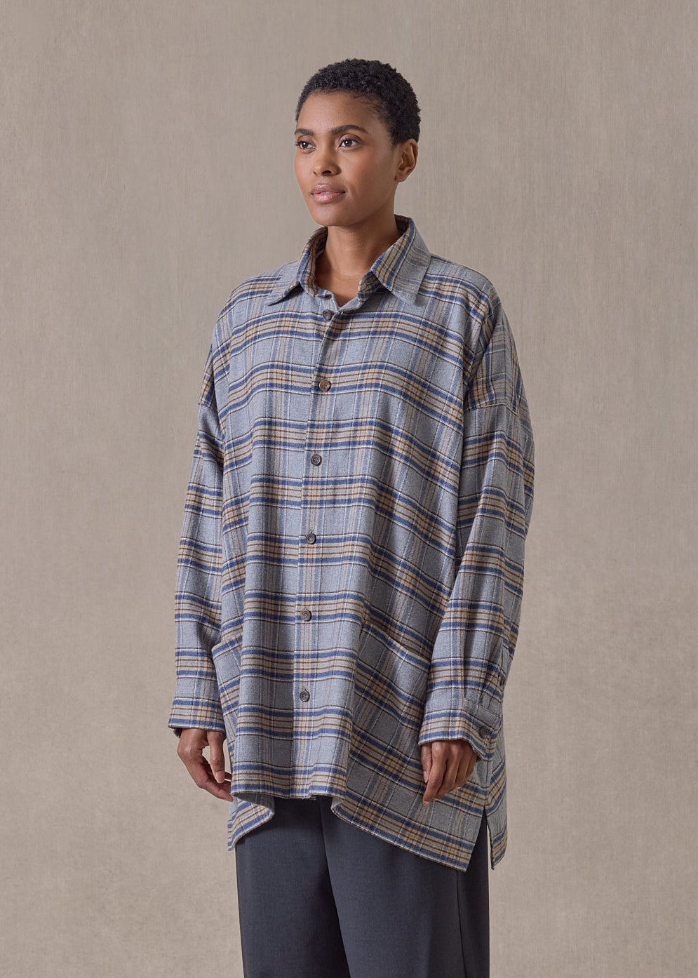 brushed cotton wide a-line shirt jacket with collar - long (grey/camel)