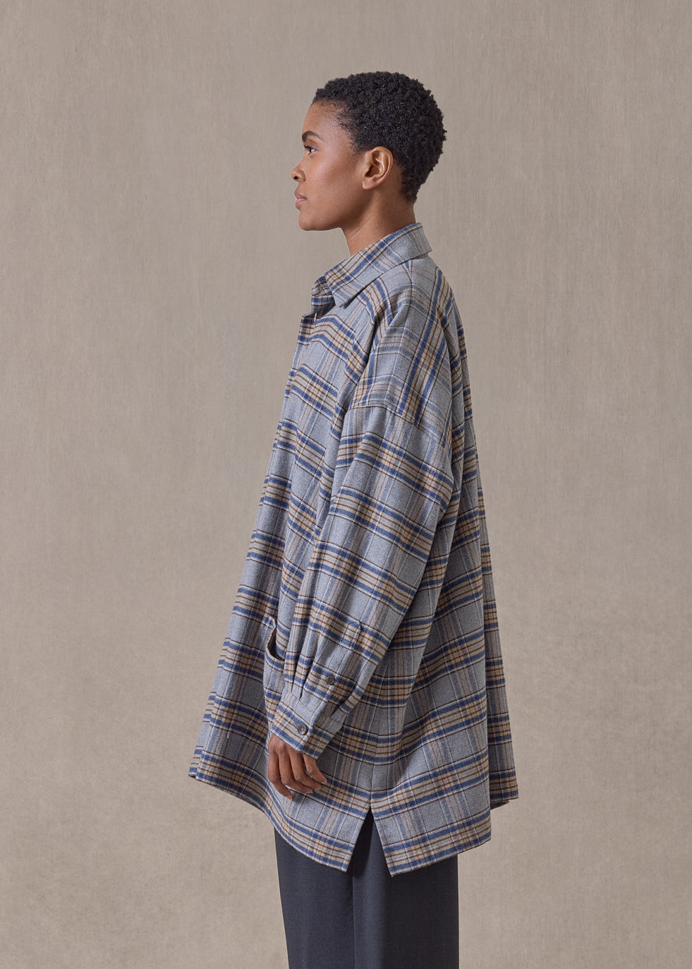 brushed cotton wide a-line shirt jacket with collar - long (grey/camel)