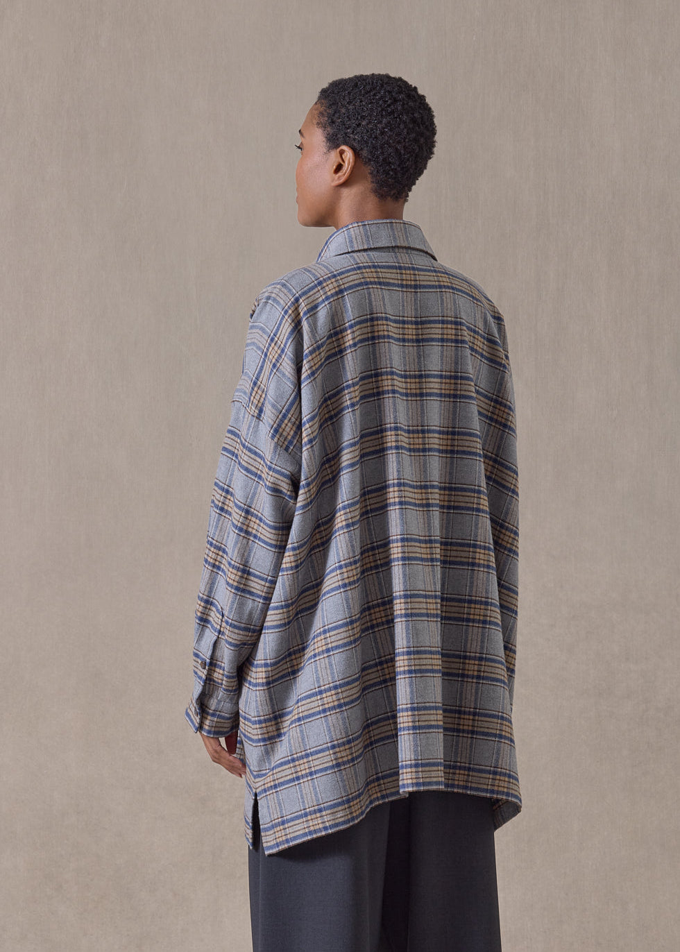 brushed cotton wide a-line shirt jacket with collar - long (grey/camel)