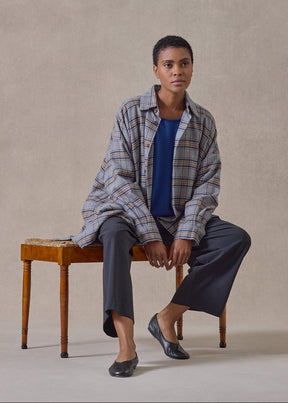 brushed cotton wide a-line shirt jacket with collar - long (grey/camel)